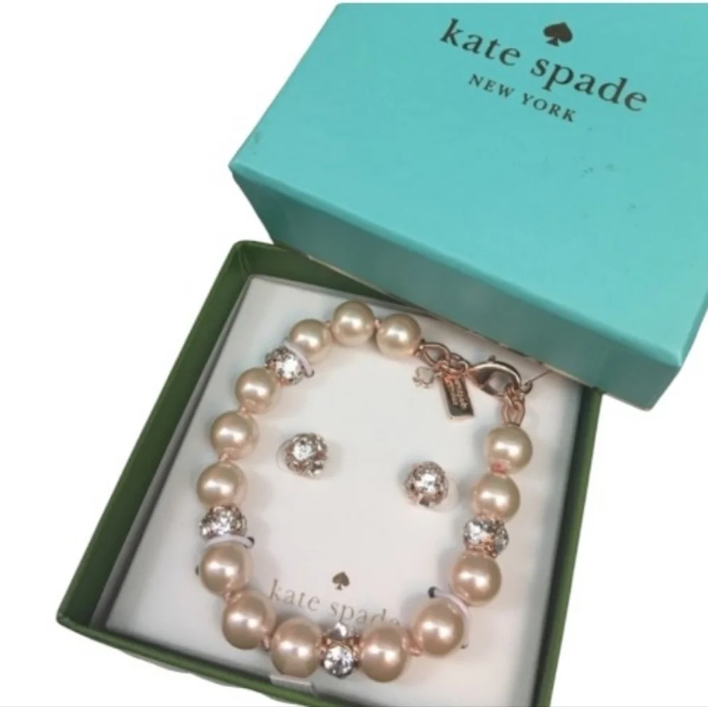 New in box Kate Spade ♠️ Lady Marmalade Pearl Blush Bracelet & stud earrings Set - Picture 5 of 9